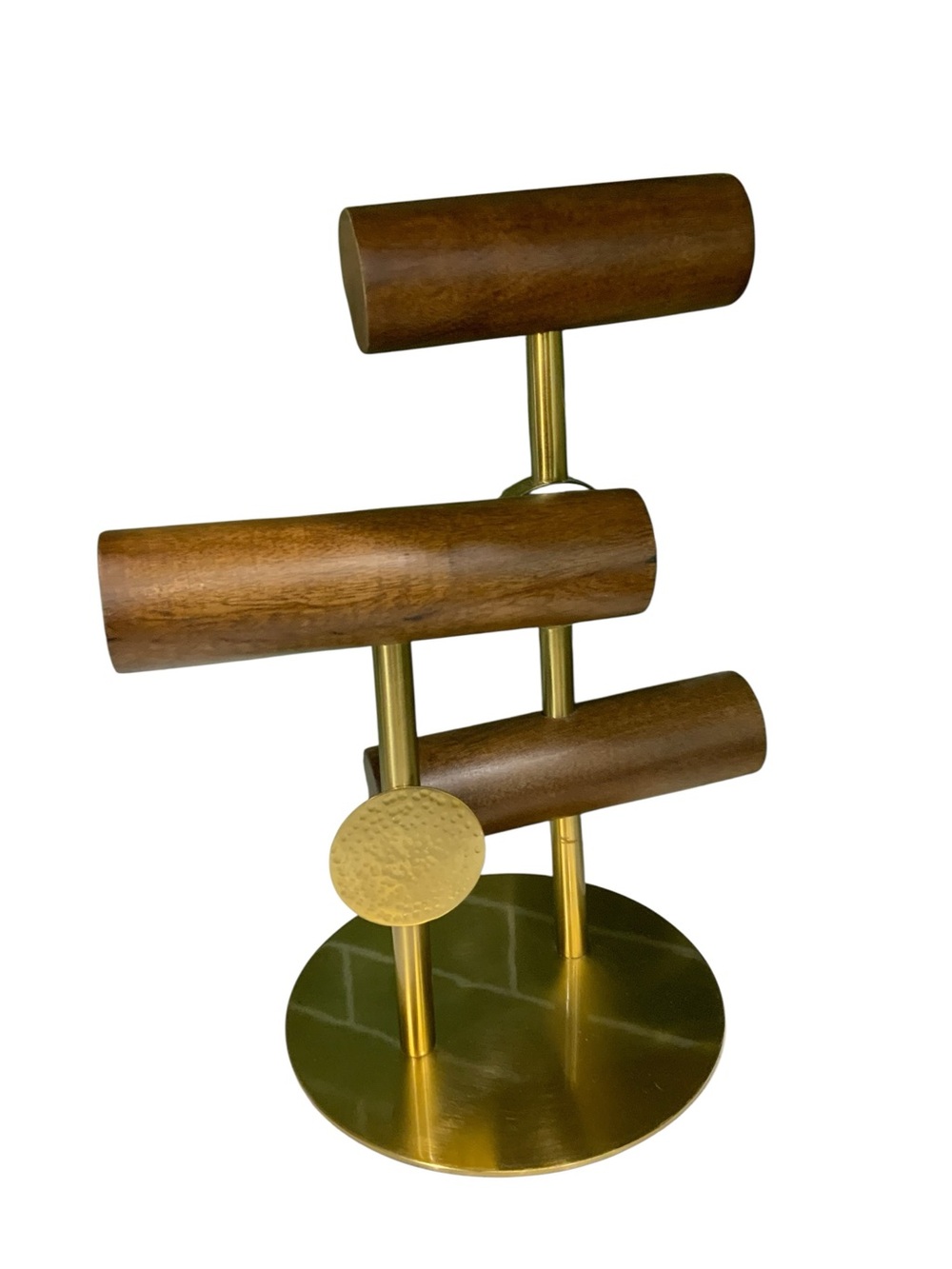 Anthropologie Wood and Brass Tiered Jewelry T-Bar - Brown and Gold